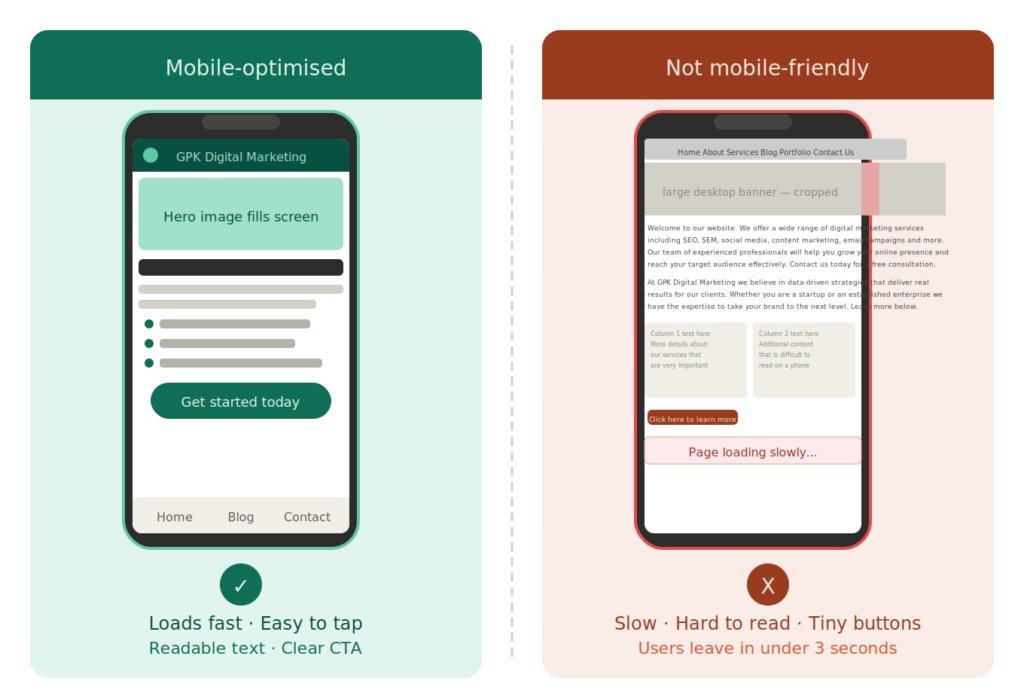 a mobile-optimised vs a poorly formatted website on a smartphone screen